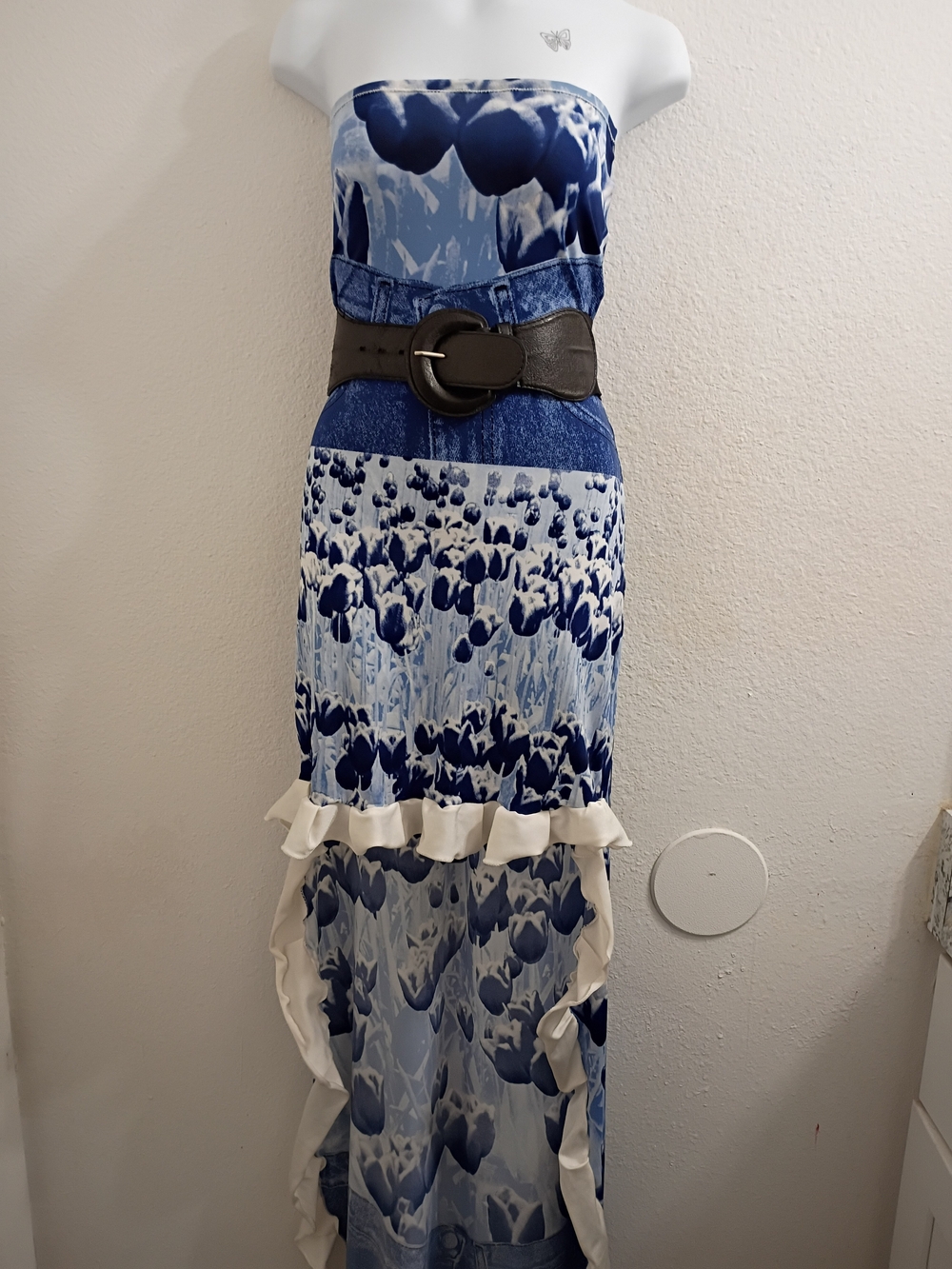 Blue Floral Strapless Ruffle Maxi Dress